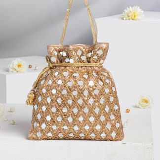 Gold Check Mirror Finish Potli Bag