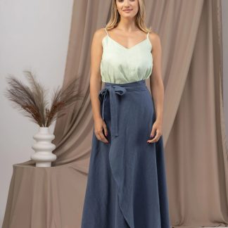 Gray-blue linen wrap maxi dress
