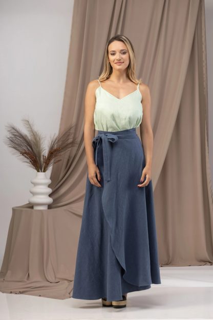Gray-blue linen wrap maxi dress