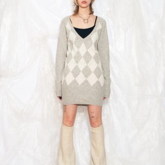 Grey Diamond Check V-Neck Sweater Dress