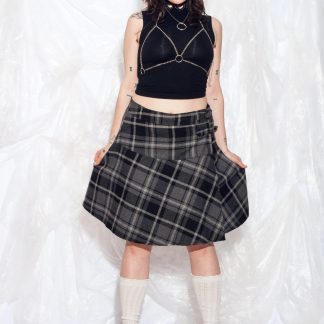Grey Plaid Asymmetric Shoulder A-Line Skirt