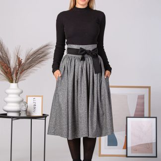 Grey Wool Bow Midi Skirt