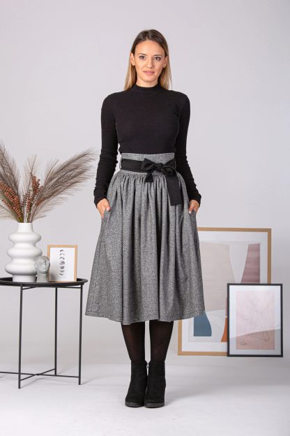 Grey Wool Bow Midi Skirt