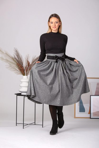 Grey Wool Bow Midi Skirt - Image 3