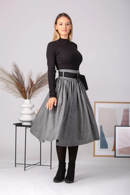 Grey Wool Bow Midi Skirt - Image 2