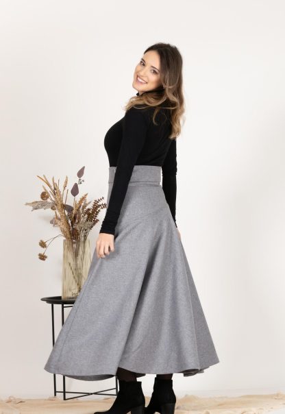 Grey Wool Flared Midi Skirt - Image 6