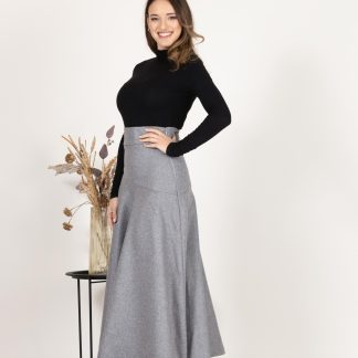 Grey Wool Flared Midi Skirt