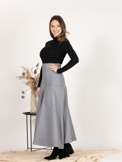 Grey Wool Flared Midi Skirt