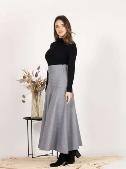 Grey Wool Flared Midi Skirt - Image 4