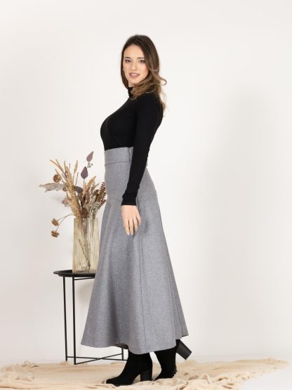 Grey Wool Flared Midi Skirt - Image 2