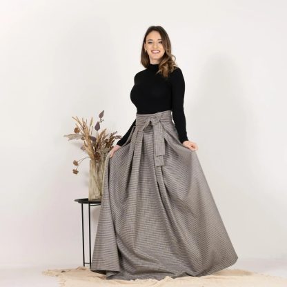 Houndstooth High-Waisted Bow Long Skirt - Image 6