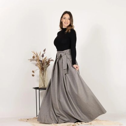 Houndstooth High-Waisted Bow Long Skirt - Image 5