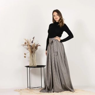 Houndstooth High-Waisted Bow Long Skirt