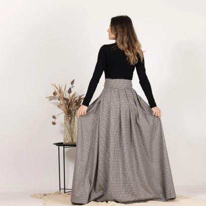 Houndstooth High-Waisted Bow Long Skirt - Image 3