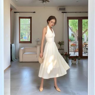 Ivory Halter V-Neck Pleated Midi Dress