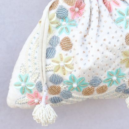 Ivory Pastel Floral Beaded Potli Bag - Image 5