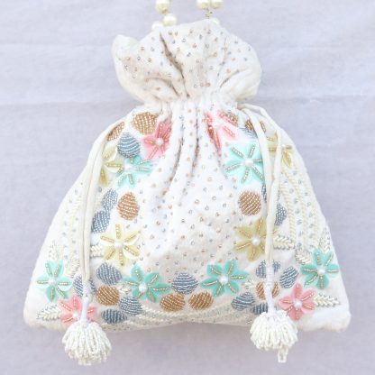Ivory Pastel Floral Beaded Potli Bag - Image 4