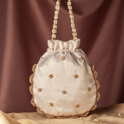 Ivory Scalloped Floral Embroidered Potli Bag - Image 3
