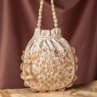 Ivory Scalloped Floral Embroidered Potli Bag
