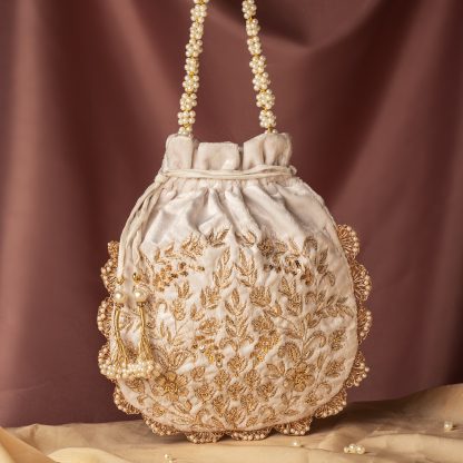Ivory Scalloped Floral Embroidered Potli Bag