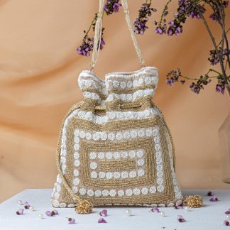 Ivory and Gold Beaded Potli Bag