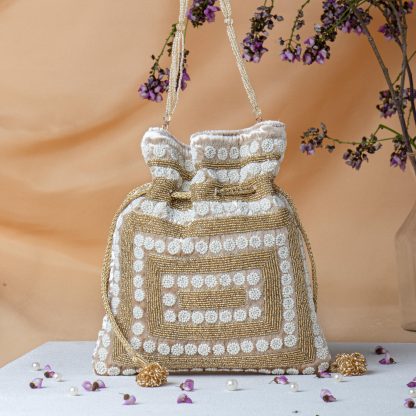 Ivory and Gold Beaded Potli Bag