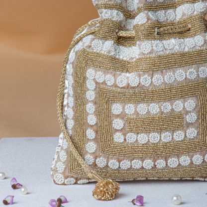 Ivory and Gold Beaded Potli Bag - Image 2