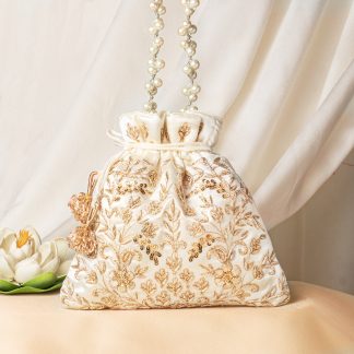 Ivory and Gold Floral Embroidered Potli Bag