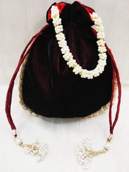 Maroon Velvet Floral Embroidered Potli Bag - Image 3