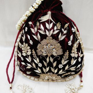 Maroon Velvet Floral Embroidered Potli Bag