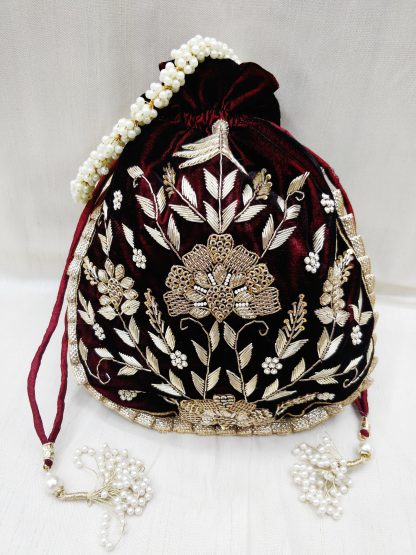 Maroon Velvet Floral Embroidered Potli Bag - Image 4