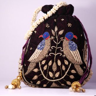 Maroon Velvet Potli Bag with Double Bird Embroidery