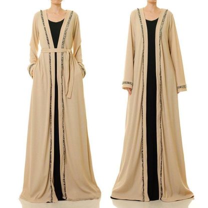 Milk apricot gold-trimmed color-blocked lace-up robe - Image 7