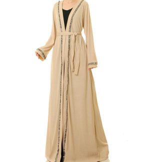 Milk apricot gold-trimmed color-blocked lace-up robe