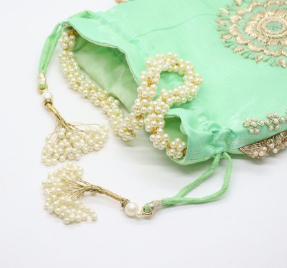 Mint Green Badge Pearl Trim Potli Bag - Image 4