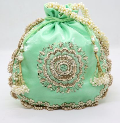 Mint Green Badge Pearl Trim Potli Bag