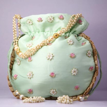 Mint Green Multicolor Embroidered Potli Bag - Image 3