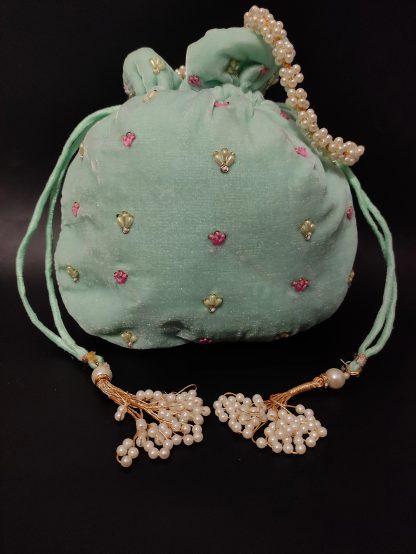 Mint and rose scallop embroidered Potli bag - Image 5