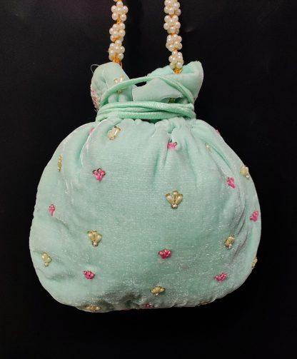 Mint and rose scallop embroidered Potli bag - Image 4