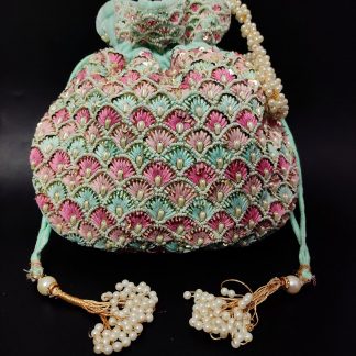 Mint and rose scallop embroidered Potli bag