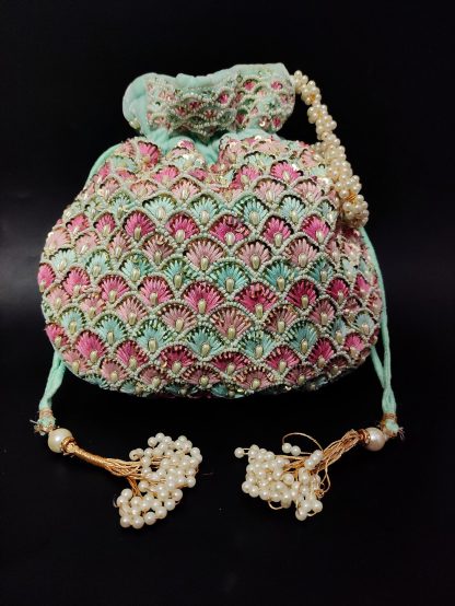 Mint and rose scallop embroidered Potli bag
