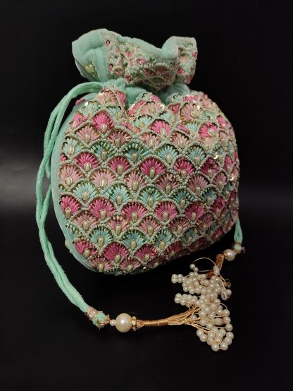 Mint and rose scallop embroidered Potli bag - Image 2