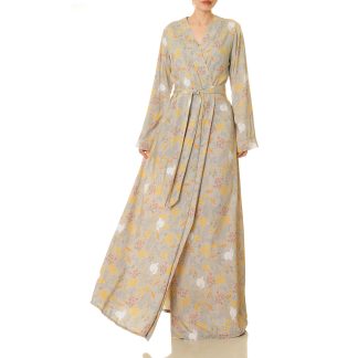 Misty Gray Floral Wrap Long Dress