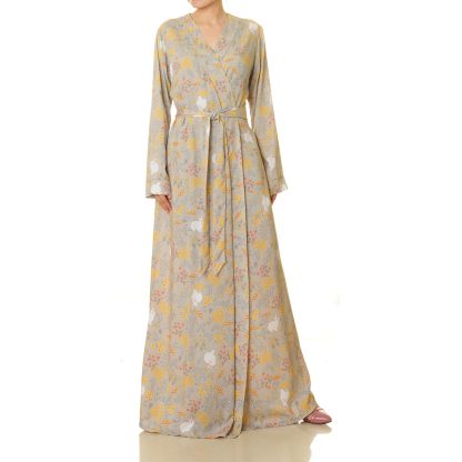 Misty Gray Floral Wrap Long Dress - Image 3