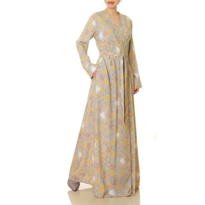 Misty Gray Floral Wrap Long Dress - Image 2