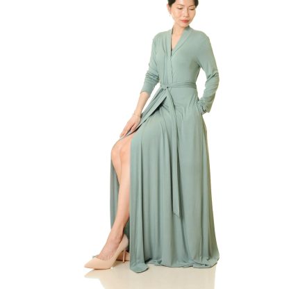 Misty Green Pocket Wrap Long Dress - Image 5