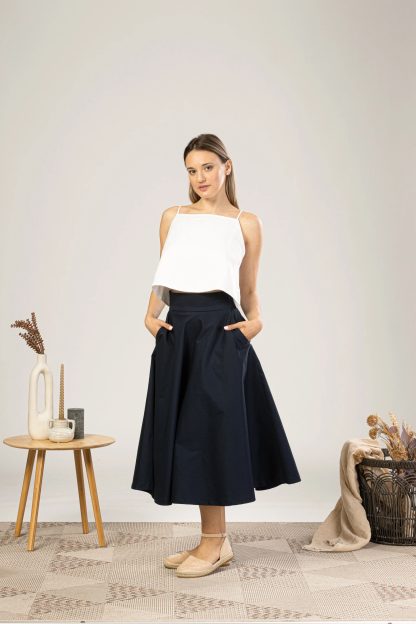 Navy A-line midi skirt
