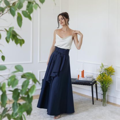 Navy Blue Ruffle Bow Maxi Dress - Image 3