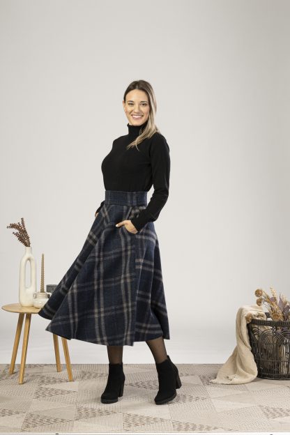 Navy Check Wool Midi Skirt - Image 8