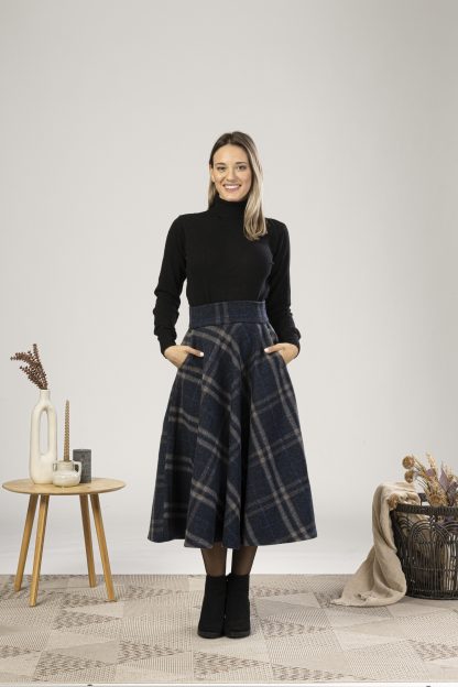 Navy Check Wool Midi Skirt - Image 7